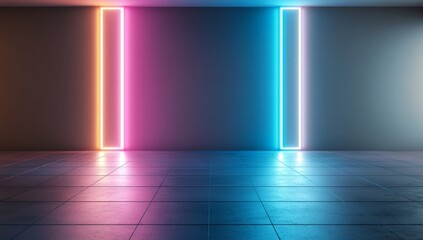 Abstract neon background with glowing blue and pink lines on dark wet floor.