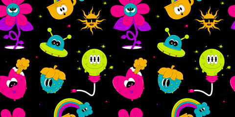 Psychedelic seamless pattern with characters in groovy style. The heart, sun, flower and more with funny faces. Retro vector elements in acid colors on black background
