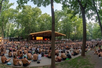 Large outdoor audience seated on the grass at a public event highlighting the importance of community gatherings and shared experiences in a natural environment.