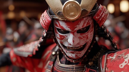 Fototapeta premium Close-up of a fierce warrior in traditional armor with dramatic makeup, showcasing vibrant colors and intricate details.