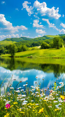 Serenity in Nature: A Tranquil Landscape of Rolling Hills, Reflective Lake, and Wildflowers