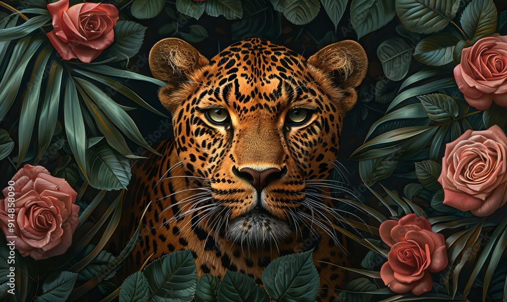 Wall mural Illustration of an oil painting portrait of a leopard among roses and palm leaves, Generative AI 