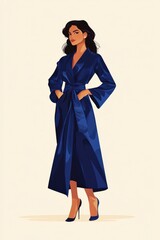 Naklejka premium Minimalism illustration, a Latina woman, wearing a luxurious satin robe in royal blue with a matching belt, standing with one hand slightly draped, high fashion, flat illustration