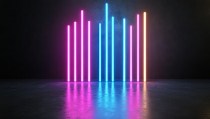 3d render, abstract background with neon blue and pink light stripes on dark room floor reflection