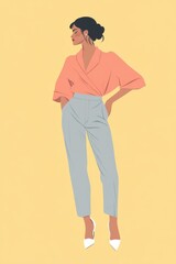 Fototapeta premium Minimalism illustration, a Latina woman, wearing a pink wrap blouse with gray cropped trousers and white kitten heels, with one hand on her waist, chic fashion, boho, flat illustration