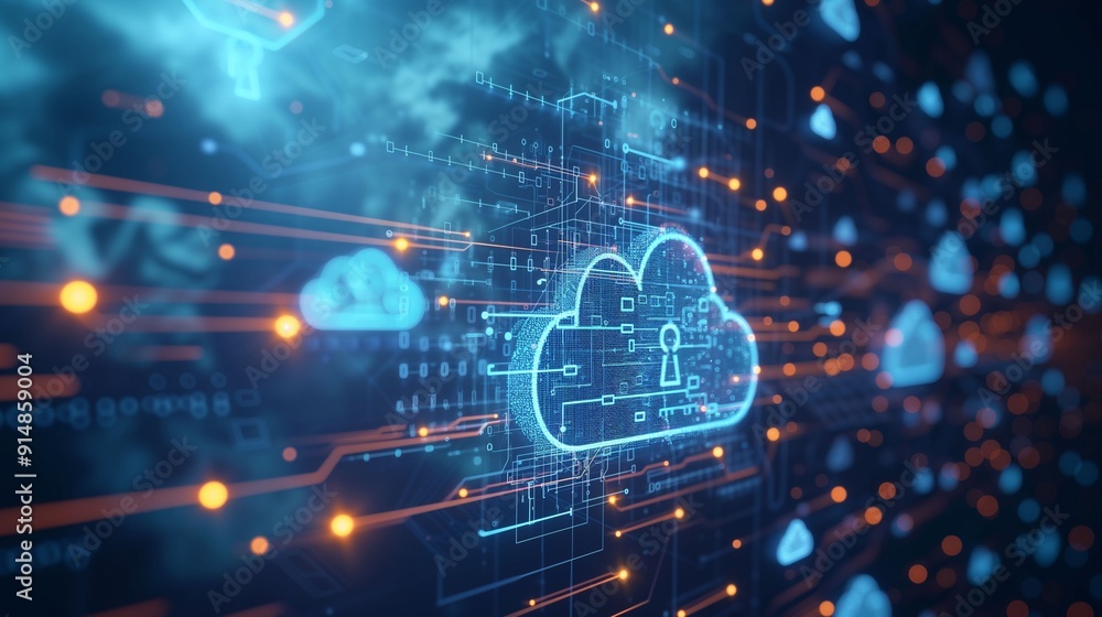 Poster digital cloud security system with keyhole on circuit board