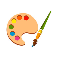 Brush and palette with paints Vector Icon Illustration. Brush paints. Flat Cartoon Style Suitable for Web Landing Page, Banner, Flyer, Sticker, Card. Vector cartoon flat illustration.