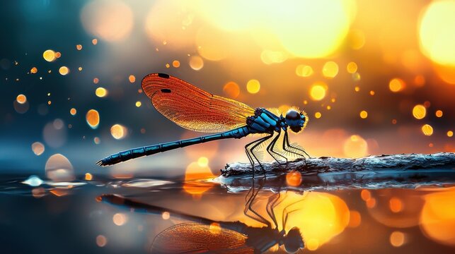 A macro shot of a dragonfly perched on a thin branch, its iridescent wings capturing the light to reveal a spectrum of colors. The background is a mystical blur of water and light, creating a serene