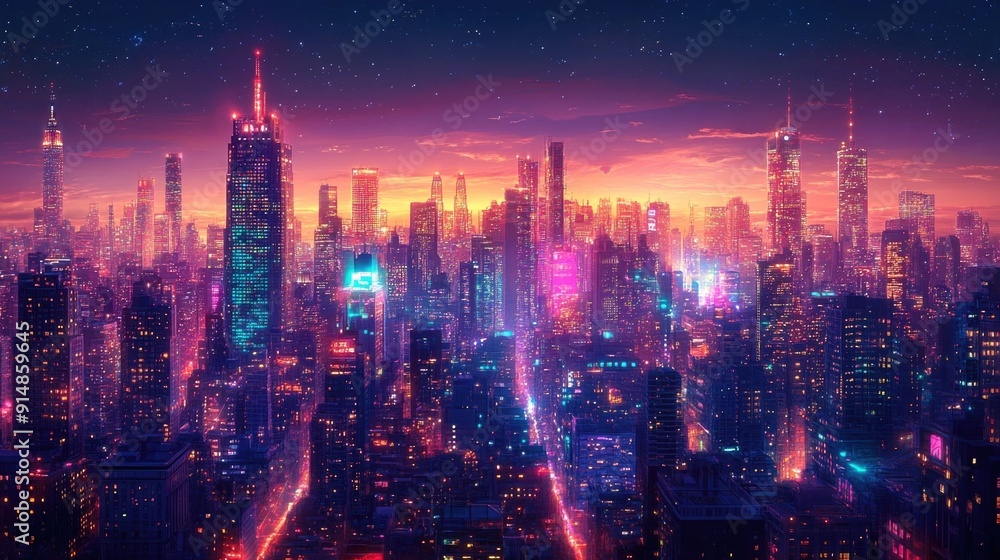 Poster detailed cityscape with towering buildings and mesmerizing lights showcasing an intricate embroidere