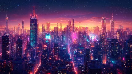 Obraz premium Detailed cityscape with towering buildings and mesmerizing lights showcasing an intricate embroidered pattern design that adds an elegant dynamic and urban aesthetic
