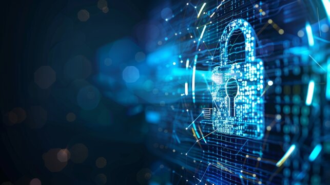 A digital padlock illustration with binary code and futuristic circles on a blue and white background, concept of cybersecurity 