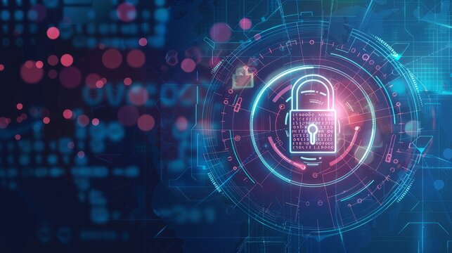 A digital padlock illustration with binary code and futuristic circles on a blue and white background, concept of cybersecurity 