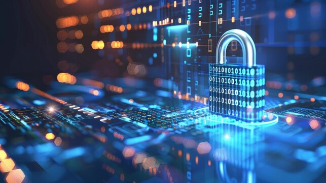 A digital padlock illustration with binary code and futuristic circles on a blue and white background, concept of cybersecurity 