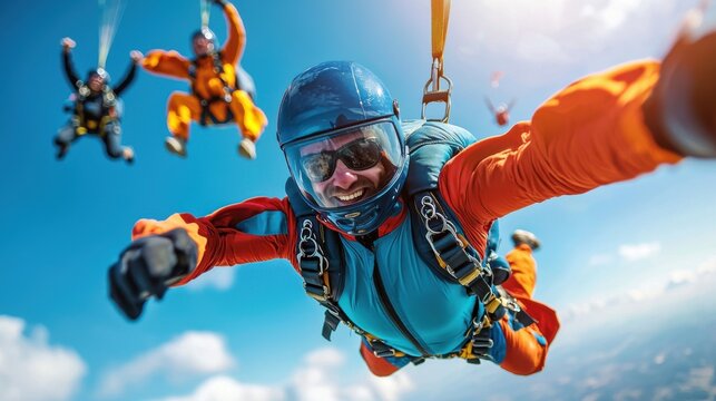 Group of friends skydiving in clear blue skies, wearing colorful blue and red jumpsuits, capturing the thrill and excitement of freefall with joyful expressions and the backdrop of a sunny summer day