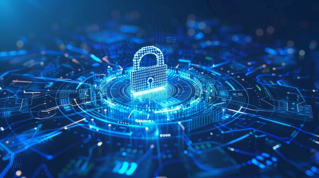 A digital padlock illustration with binary code and futuristic circles on a blue and white background, concept of cybersecurity 