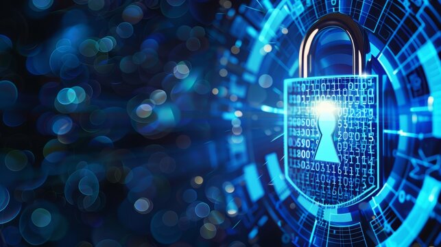 A digital padlock illustration with binary code and futuristic circles on a blue and white background, concept of cybersecurity 