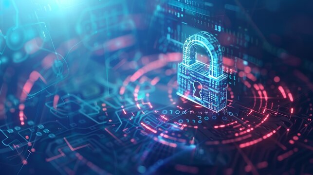 A digital padlock illustration with binary code and futuristic circles on a blue and white background, concept of cybersecurity 