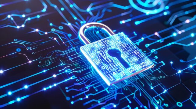 A digital padlock illustration with binary code and futuristic circles on a blue and white background, concept of cybersecurity 