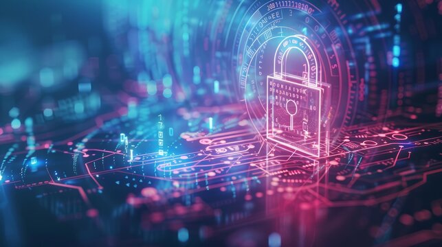 A digital padlock illustration with binary code and futuristic circles on a blue and white background, concept of cybersecurity 