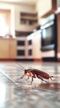 Up Close with a Cockroach on Kitchen Floor: A Blurry Modern Appliance Background Highlights the Need for Effective Pest Control in Home Safety and Cleanliness
