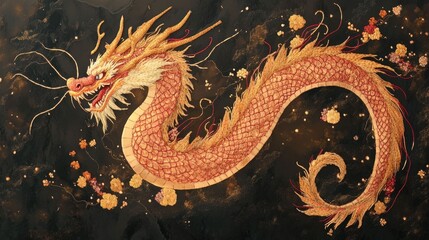 Obraz premium Elegant and majestic golden dragon embroidered in a captivating display of rich red and gold threads creating a mesmerizing mythical and ornamental visual artwork