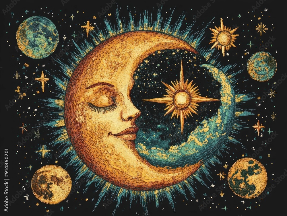 Poster embroidered celestial design featuring a harmonious balance of the sun and moon with intricate cosmi