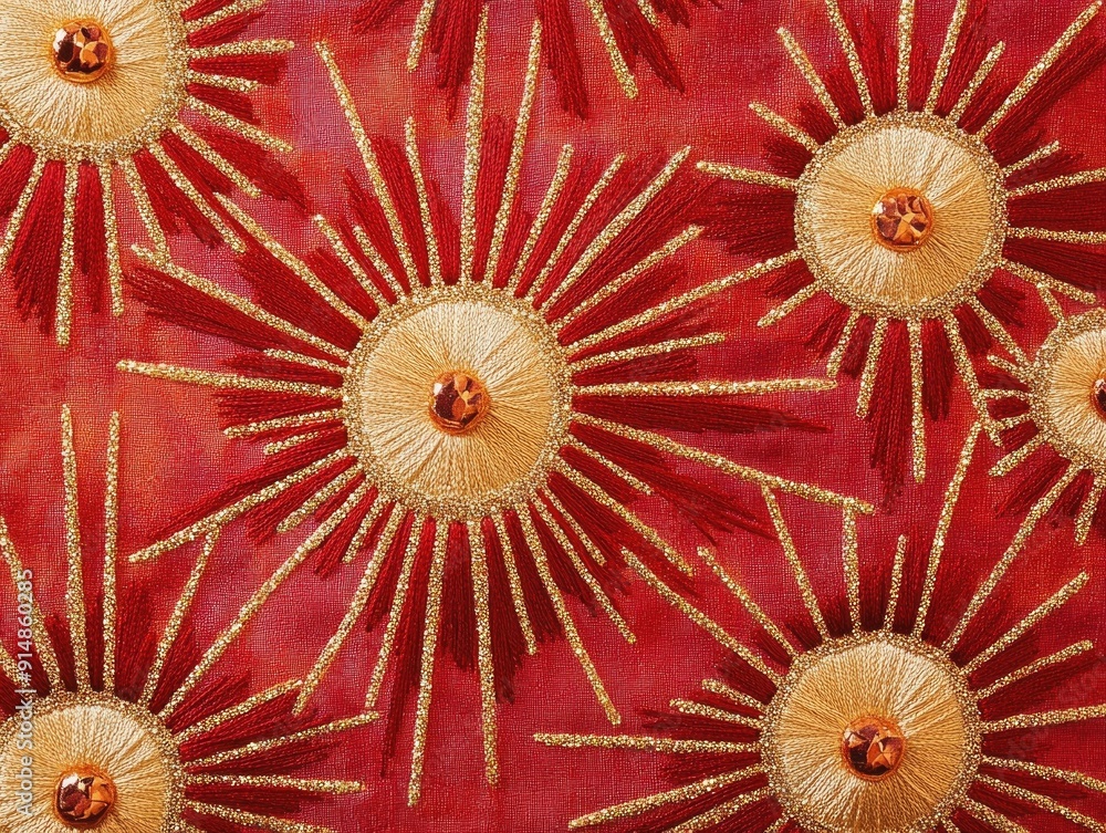 Poster shimmering starburst pattern with glittering threads and vibrant embroidered designs creating a fest