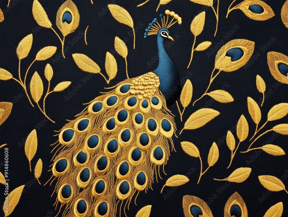 Poster stunningly stylish and opulent peacock motif design featuring intricate metallic threads in a captiv
