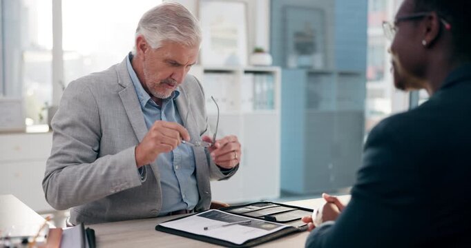 Mature businessman, handshake and interview in office with candidate, welcome and onboarding in company. Male ceo, recruitment and hand gesture at desk for discussion, cv and contract in law firm