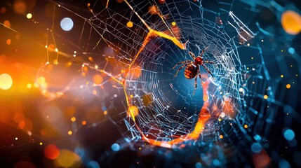 Detailed macro image of a spider camouflaged in a fractal funnel web, highlighting the delicate web shards and textures, with complimentary colors creating a harmonious and captivating visual