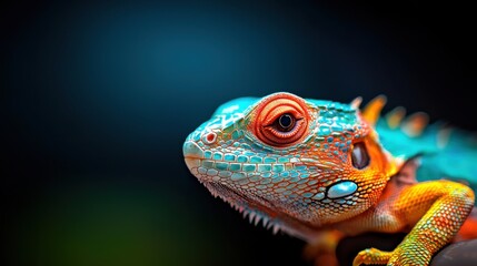 Fototapeta premium An extreme closeup of a very extreme absurd fantastic lizard captured with a fisheye lens, showcasing a dynamic camera angle with dramatic blue lighting and neon effects, the lizard is vibrant colors