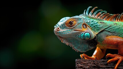 Fototapeta premium Close-up view of an iguana is head, emphasizing its green to black stripes, illuminated by light indigo and dark amber highlights, with a subtle turquoise and bronze background enhancing the scene