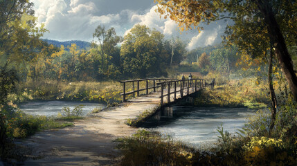 Fototapeta premium Depict scenes where humans trust nature, such as crossing a stable bridge over a river, hiking a well-marked trail, or farming in harmony with the seasons, highlighting trust in natural processes