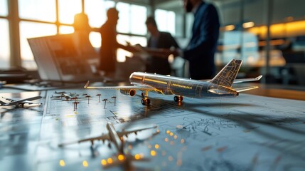 A team of aviation experts discussing strategies for optimizing airline efficiency, gathered around a conference table with charts and model airplanes