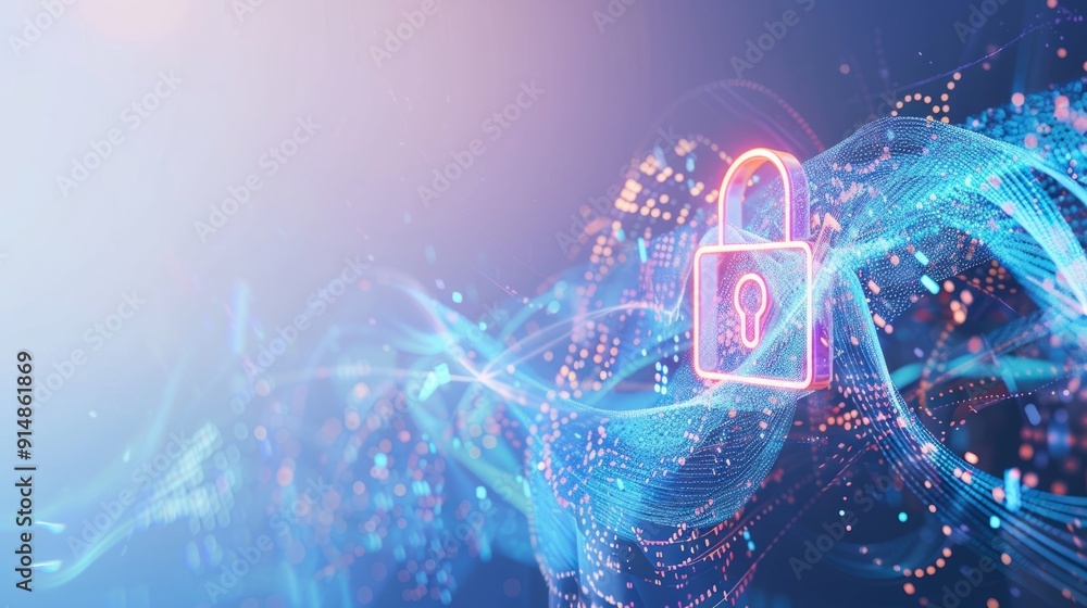 Wall mural abstract cyber security concept with a padlock icon, network data and dynamic lines on a light blue 