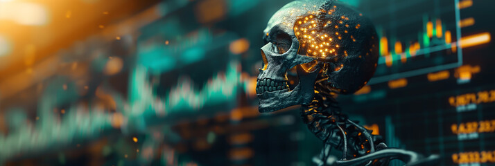 Image of a skeleton looking up at a chart showing a stock trading chart.