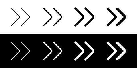 Vector double arrow chevron right icon. Black, white background. Perfect for app and web interfaces, infographics, presentations, marketing, etc.