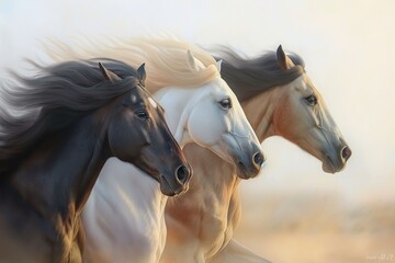 Three Horses Running Through a Dusty Field at Sunset