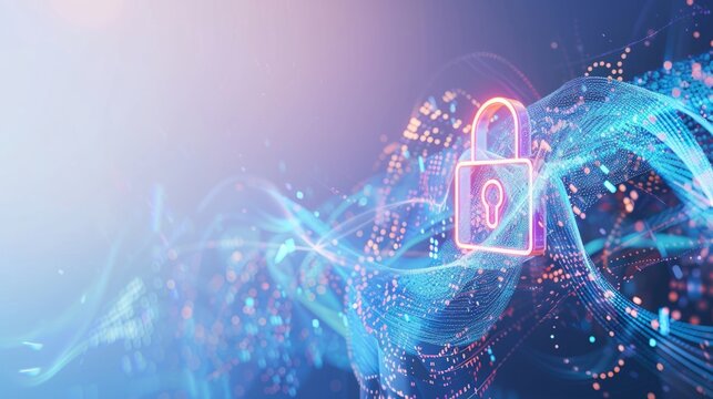 Abstract cyber security concept with a padlock icon, network data and dynamic lines on a light blue background 