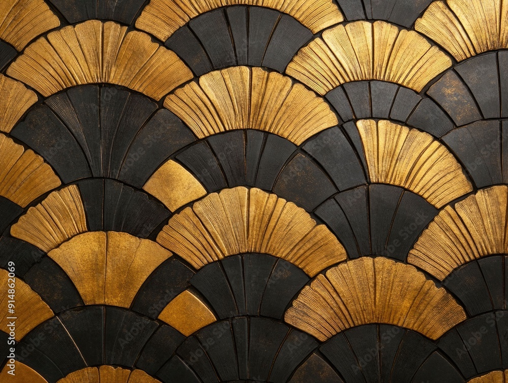 Poster metallic fan shaped patterns in classic art deco revival style with sophisticated elegance intricate