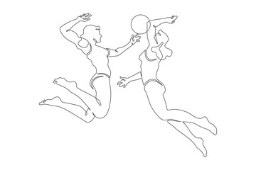 Women's beach volleyball. Women in swimsuits. Volleyball players block in a jump. Female athlete. One continuous line. Line art. Minimum one line. White background. One line drawing.