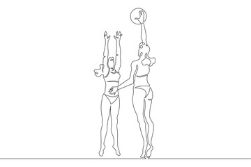 Women's beach volleyball. Women in swimsuits. Volleyball players block in a jump. Female athlete. One continuous line. Line art. Minimum one line. White background. One line drawing.