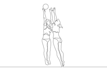 Women's beach volleyball. Women in swimsuits. Volleyball players block in a jump. Female athlete. One continuous line. Line art. Minimum one line. White background. One line drawing.