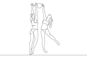 Women's beach volleyball. Women in swimsuits. Volleyball players block in a jump. Female athlete. One continuous line. Line art. Minimum one line. White background. One line drawing.
