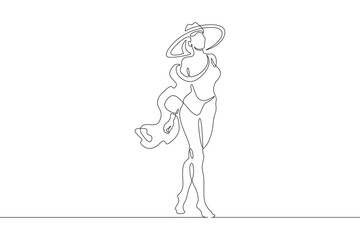 Woman on the beach in a big hat. Girl in a summer cape on the seashore.One continuous line. Line art. Minimum one line. White background. One line drawing.
