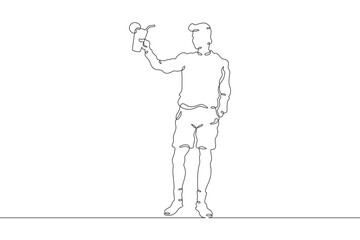 Young woman with a cocktail in hands. Drinking alcohol. Guest holding a glass at a party.One continuous line. Line art. Minimum one line. White background. One line drawing.