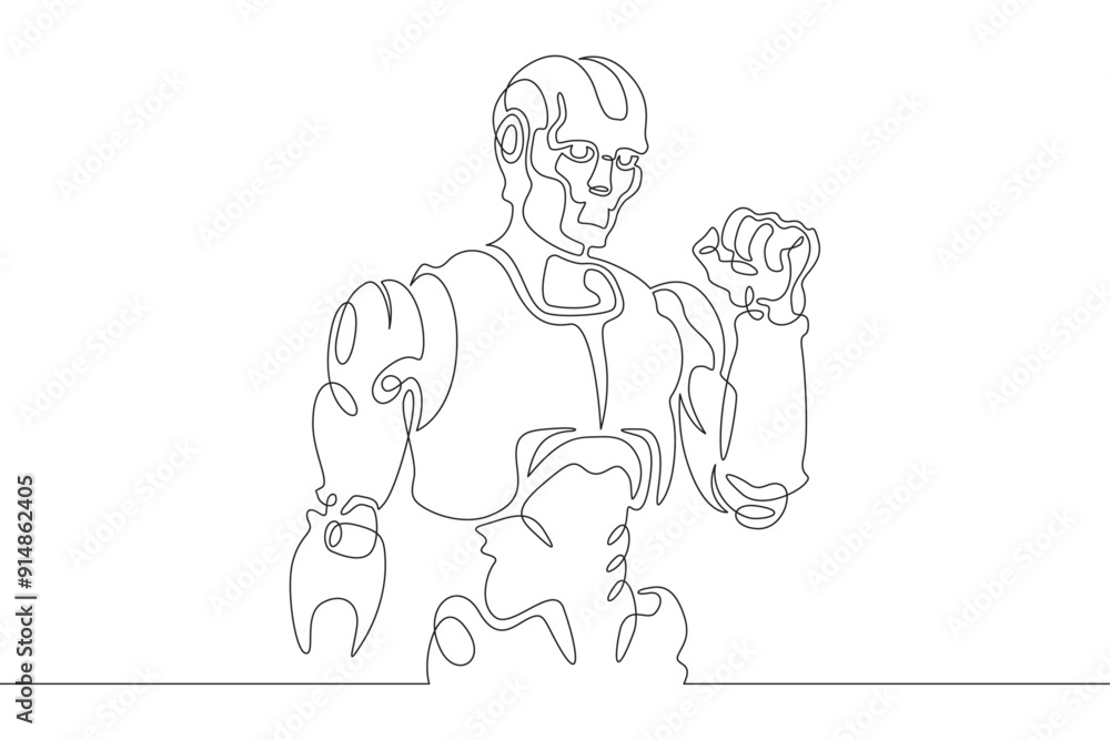 Poster robot with raised arm. clenched fist of mechanical man. robot android gesture of victory and fight. 