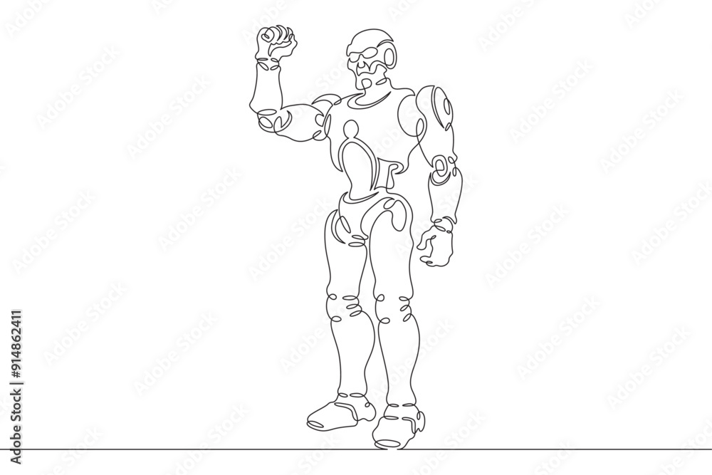 Poster robot with raised arm. clenched fist of mechanical man. robot android gesture of victory and fight. 