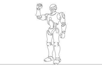 Robot with raised arm. Clenched fist of mechanical man. Robot android gesture of victory and fight. One continuous line. Line art. Minimum one line. White background. One line drawing.