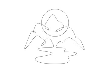 High mountains. Sunrise and sunset. Mountain landscape. Sun in the mountains. Nature logo.One continuous line. Line art. Minimum one line. White background. One line drawing.